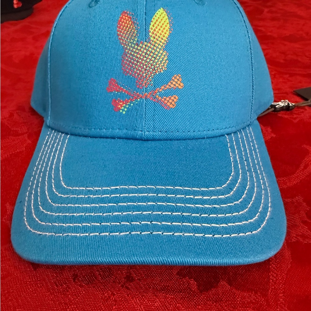 Psycho Bunny Teal Men's Cap with Rainbow Bunny Skull Embroidery
